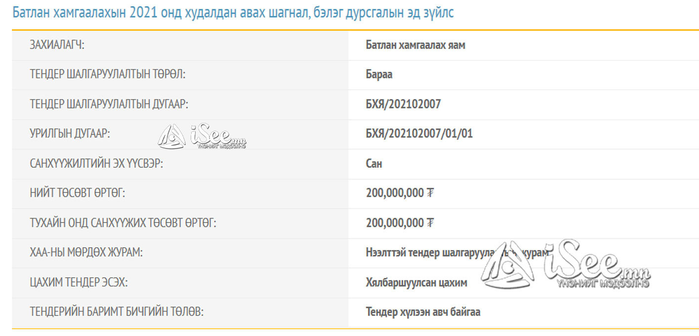 Батлан хамгаалах яамнаас зарласан тендерийн зар