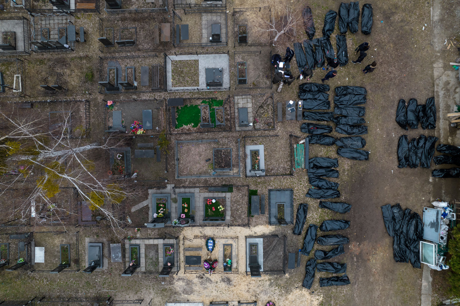 Украины Буча хотод амь үрэгдсэн энгийн иргэдийн цогцос таних ажиллагаа өчигдөр /2022.04.06/ тус улсын цагдаа нар хийжээ. (Rodrigo Abd/AP)