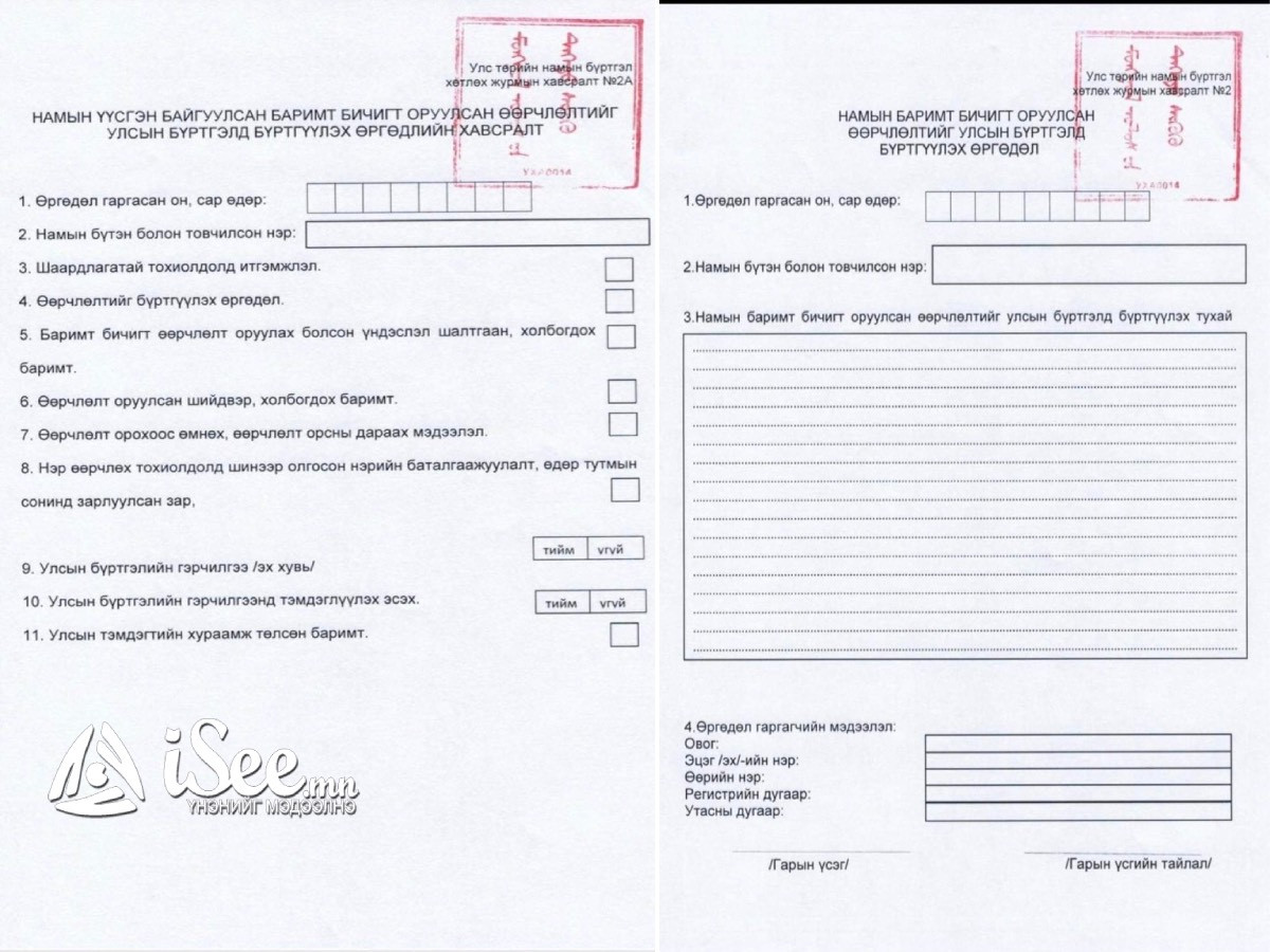 Улс төрийн намын баримт бичигт оруулсан өөрчлөлтийг Улсын бүртгэлд бүртгүүлэхэд