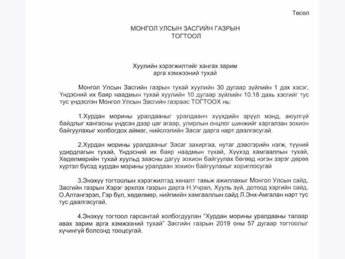 Засгийн газраас анх олон нийтэд ил болгон, батлах гэж байсан тогтоолын төсөл