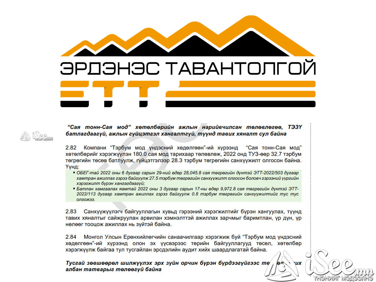 АУДИТ: ЭТТ ХК нь "Тэрбум мод" аяны хүрээнд 29 орчим тэрбумыг үр ашиггүй зарцуулсан мөртлөө энэ жил дахин 3 тэрбумыг Ойн санд өгөхөөр төлөвлөжээ 