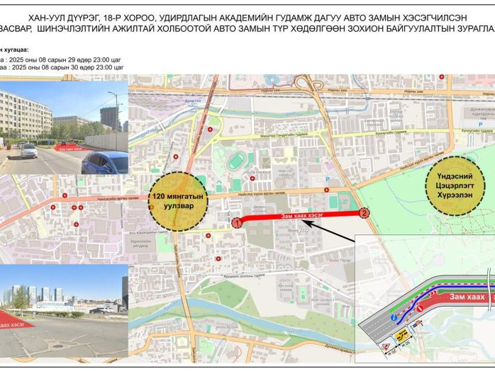 Их Монгол Улсын гудамжаас Оргил худалдааны төвийн уулзвар хүртэлх авто замыг хааж засна
