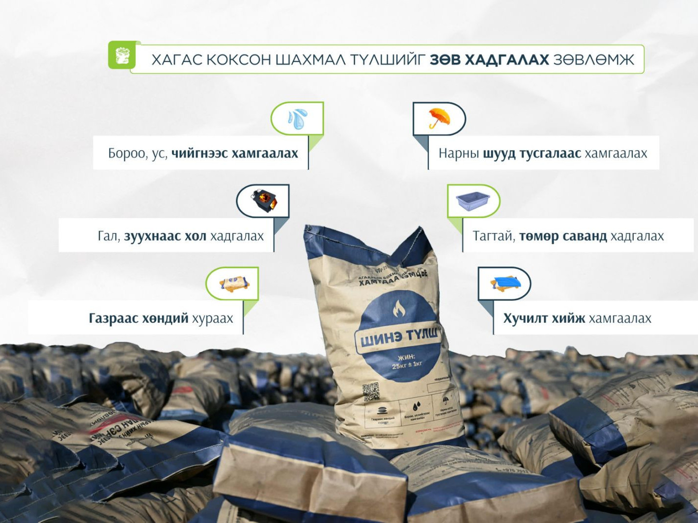 Хагас коксон шахмал түлшийг ус, чийг нэвтрүүлэхгүй, хуурай газар хадгалах ёстойг анхаарууллаа